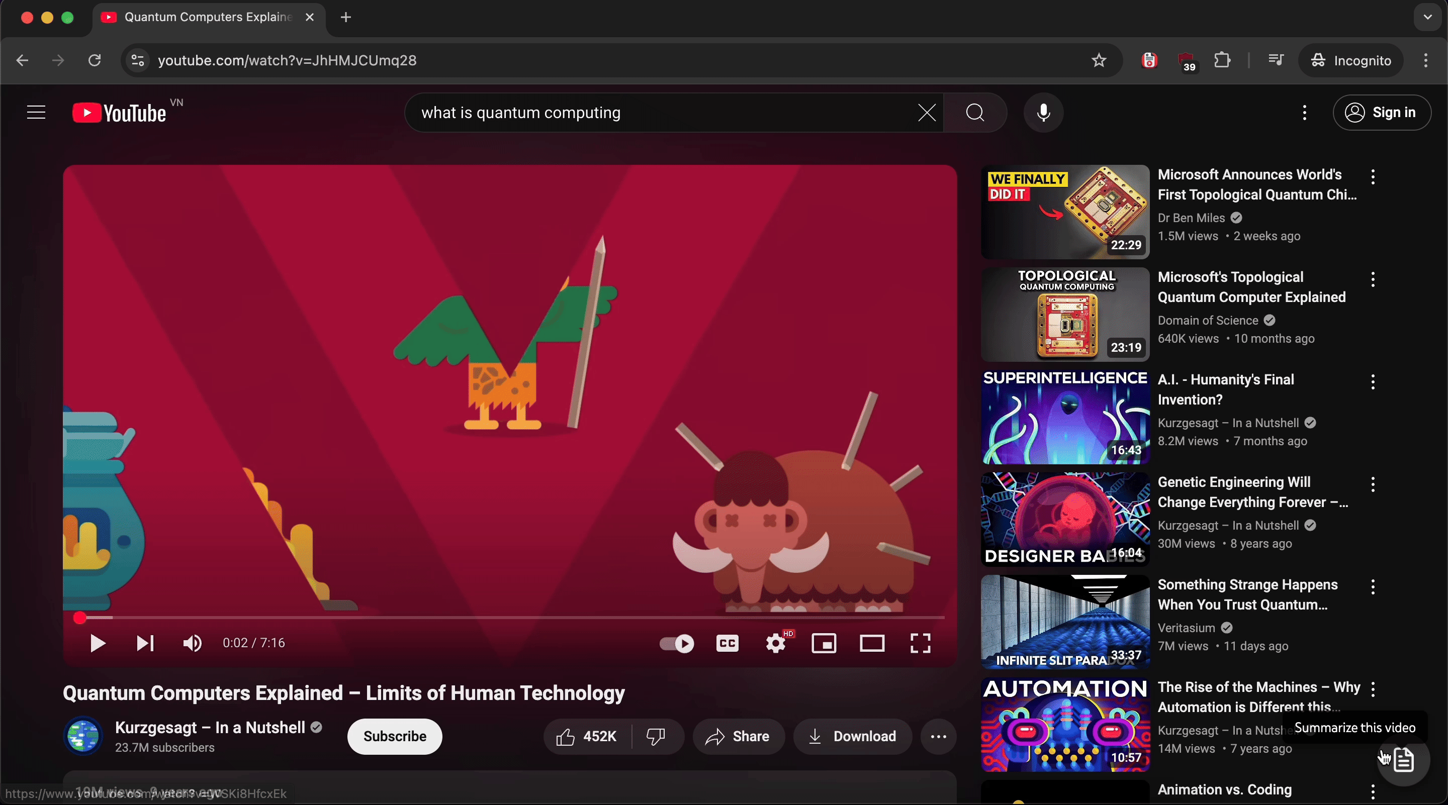 Extension screenshot showing a YouTube video with a summary panel